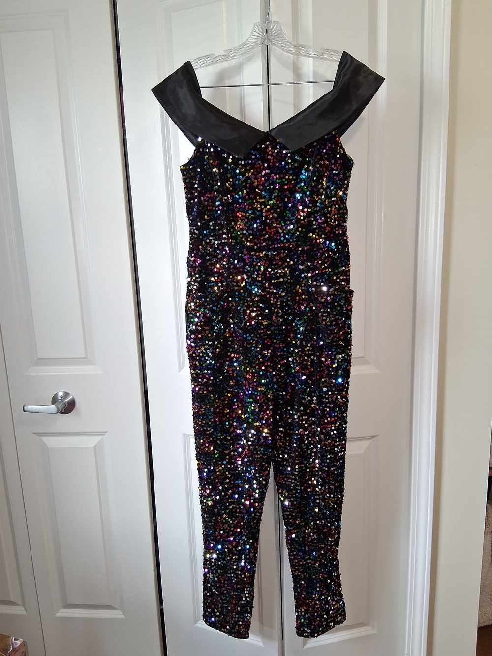 Unique Vintage Black Multicolor Sequin Off-Shoulder Jumpsuit